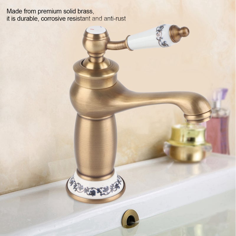 Floral Pattern Single Handle Mixer Tap Cold/Hot Water Faucet for Bathroom Basin Sink (Antique) - Image 2