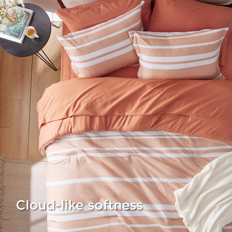 Bedsure Twin XL Suitable for Single Size Comforter Set 5 Pieces Bed in a Bag, Cationic Dyeing, Reversible, Bedding Set for All Seasons with 1 Comforter (173 cm x 225 cm), 1 Fitted Sheet (100 cm x 203 cm) with 35 cm Deep Pocket,  1 Flat Sheet (167 cm x 254 cm) , 1 Pillowcase (50 cm x 90 cm) & 1 Pillow Sham (50 cm x 66 cm), Burnt Orange Striped - Image 4