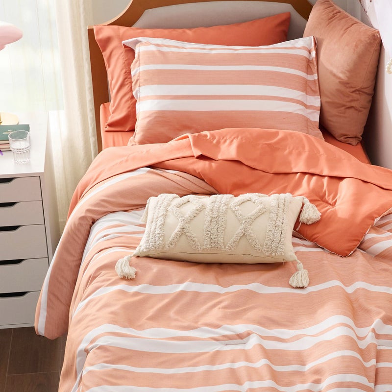 Bedsure Twin XL Suitable for Single Size Comforter Set 5 Pieces Bed in a Bag, Cationic Dyeing, Reversible, Bedding Set for All Seasons with 1 Comforter (173 cm x 225 cm), 1 Fitted Sheet (100 cm x 203 cm) with 35 cm Deep Pocket,  1 Flat Sheet (167 cm x 254 cm) , 1 Pillowcase (50 cm x 90 cm) & 1 Pillow Sham (50 cm x 66 cm), Burnt Orange Striped - Image 1
