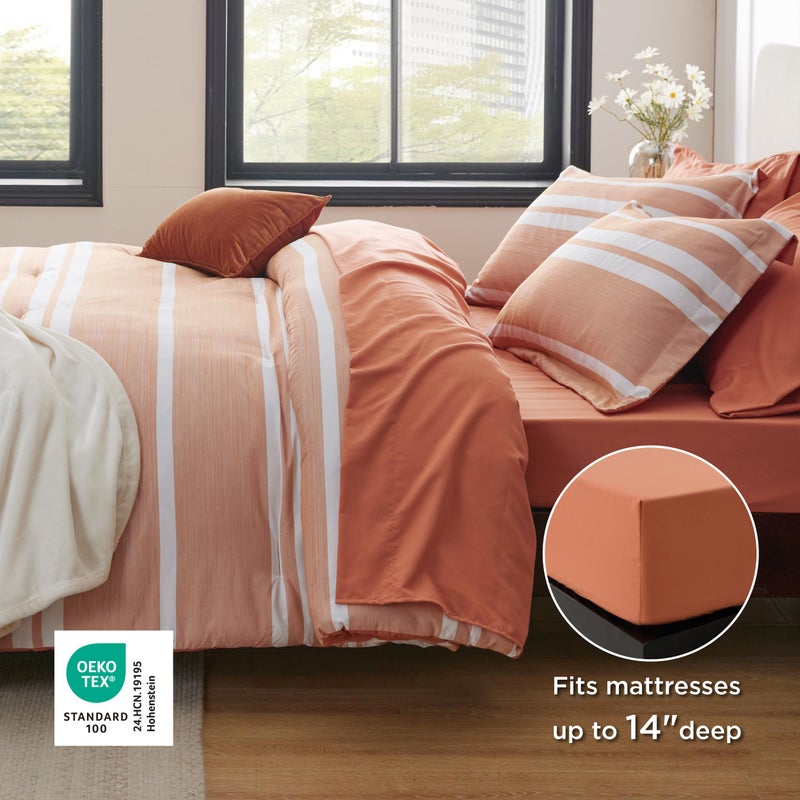 Bedsure Twin XL Suitable for Single Size Comforter Set 5 Pieces Bed in a Bag, Cationic Dyeing, Reversible, Bedding Set for All Seasons with 1 Comforter (173 cm x 225 cm), 1 Fitted Sheet (100 cm x 203 cm) with 35 cm Deep Pocket,  1 Flat Sheet (167 cm x 254 cm) , 1 Pillowcase (50 cm x 90 cm) & 1 Pillow Sham (50 cm x 66 cm), Burnt Orange Striped - Image 5