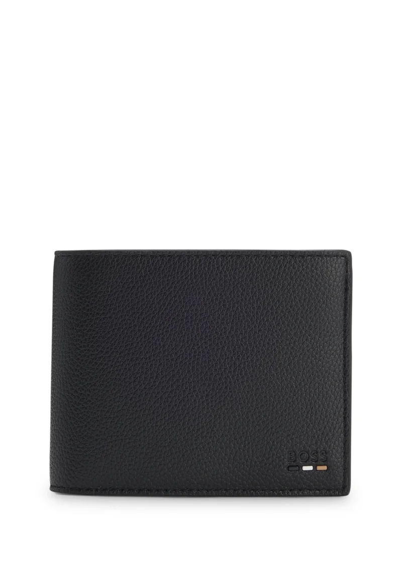 Grained faux-leather trifold wallet with signature-stripe trim