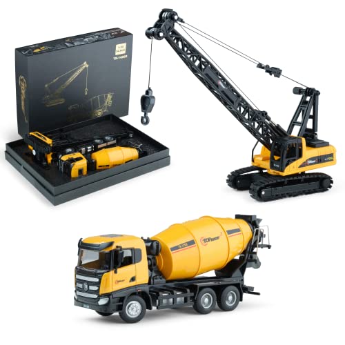 Top Race Diecast Metal Construction Trucks Models Set of 2 〡 Heavy Metal Toy Cement Truck and Construction Crane 1:50 Scale 〡 Free Wheeler Die Cast Construction Toys Great Gift Idea - Image 1