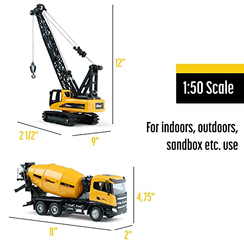 Top Race Diecast Metal Construction Trucks Models Set of 2 〡 Heavy Metal Toy Cement Truck and Construction Crane 1:50 Scale 〡 Free Wheeler Die Cast Construction Toys Great Gift Idea - Image 3