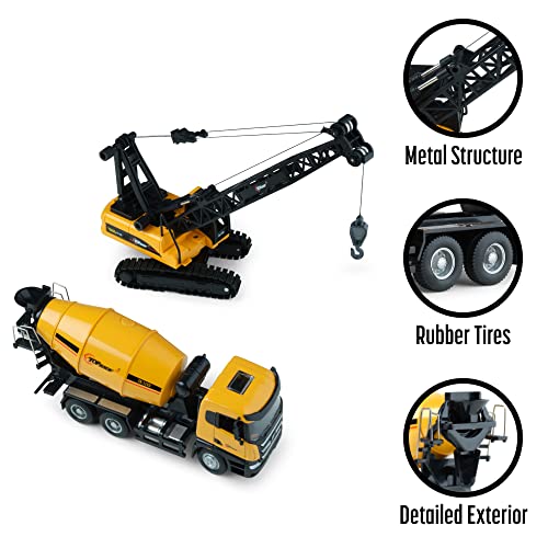 Top Race Diecast Metal Construction Trucks Models Set of 2 〡 Heavy Metal Toy Cement Truck and Construction Crane 1:50 Scale 〡 Free Wheeler Die Cast Construction Toys Great Gift Idea - Image 5