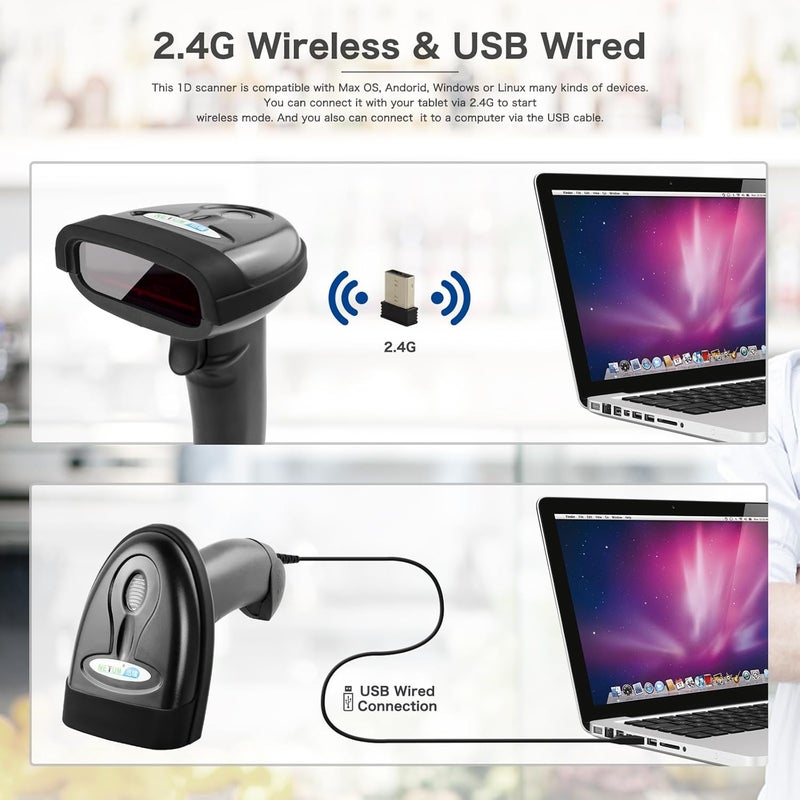 NETUM ماسح الباركود اللاسلكي، 2 في 1 2.4G لاسلكي و USB سلكي 1D ليزر ماسح باركود محمول ماسح باركود لاسلكي قابل لإعادة الشحن لجهاز الكمبيوتر MAC لابتوب (NT-1698W) - Image 3