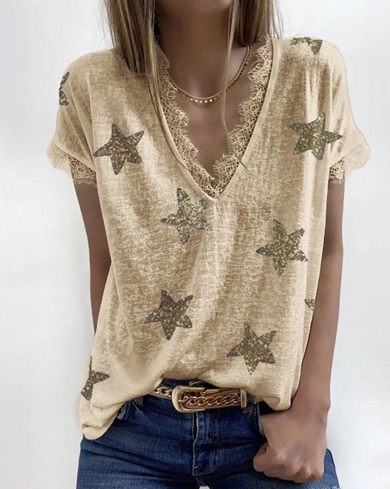 2021 independent station wish European and American cross-border women's summer V-neck printed lace T-shirt top white 2XL - Image 3