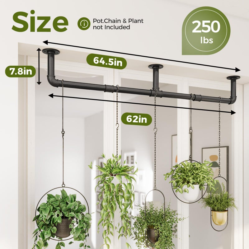 Bamworld Window Plant Hanger Indoor 63in Hanging Planters for Indoor Plants Hanging Plants Holder Hanging Rod Window Plant Shelves Wall Planters Pot/Chain/Plant Not Included(Black) - Image 4