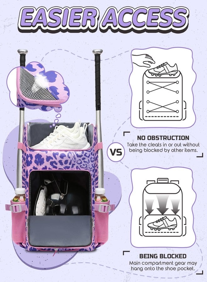 FOKDUVB Baseball Softball Equipment Bag for Boys Girls Ages 8-12 10-12 12-14 Large Kids Youth Bat Bag Backpack with Ventilated Shoe Compartment Baseball Softball Stuff Supplies (Purple, Leopard) - Image 3