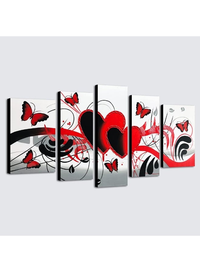 Wieco Art Wieco Art Red Flower Love Butterfly Abstract Oil Paintings on Canvas Wall Art Ready to Hang for Living Room Bedroom Home Decorations Modern 5 Panels Stretched and Framed 100 Hand Painted Artwork  - Image 5