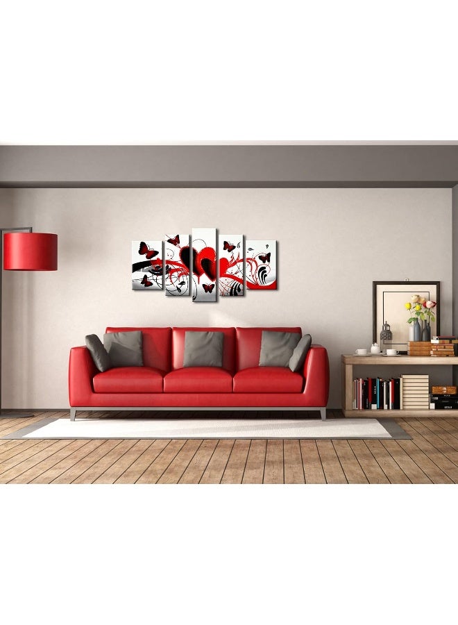 Wieco Art Wieco Art Red Flower Love Butterfly Abstract Oil Paintings on Canvas Wall Art Ready to Hang for Living Room Bedroom Home Decorations Modern 5 Panels Stretched and Framed 100 Hand Painted Artwork  - Image 4