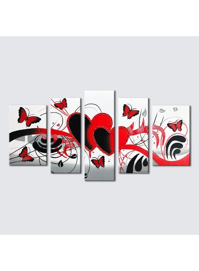 Wieco Art Wieco Art Red Flower Love Butterfly Abstract Oil Paintings on Canvas Wall Art Ready to Hang for Living Room Bedroom Home Decorations Modern 5 Panels Stretched and Framed 100 Hand Painted Artwork  - Image 2