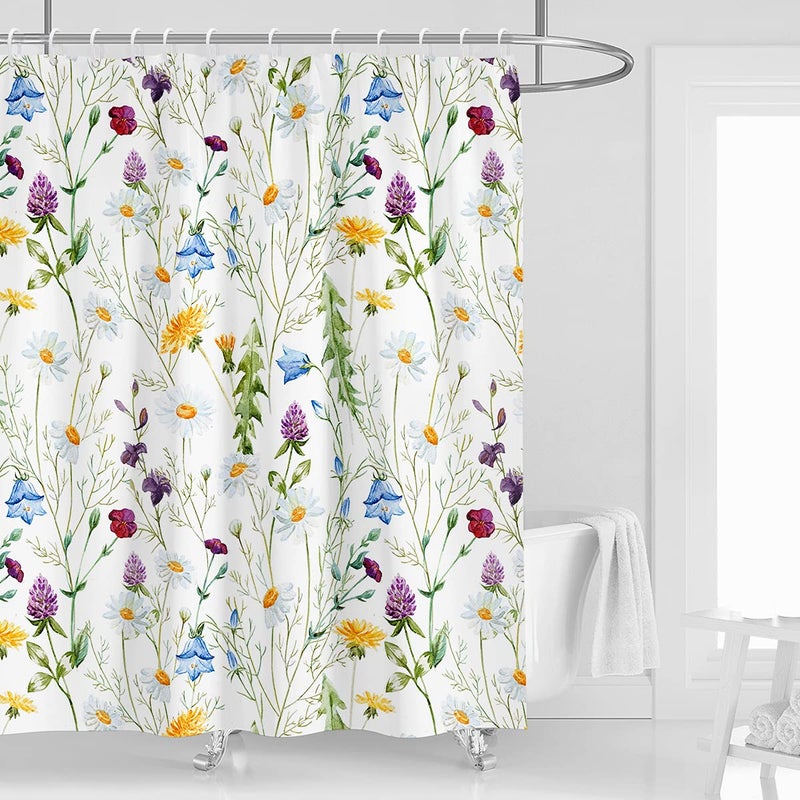 Kikiry Colorful Floral Flower Shower Curtain 60W x 72L Watercolor Leaves Vintage Boho Plant Herbs Spring Botanical Blooming Multicolor Polyester Fabric Waterproof 12 Pack Plastic Hooks