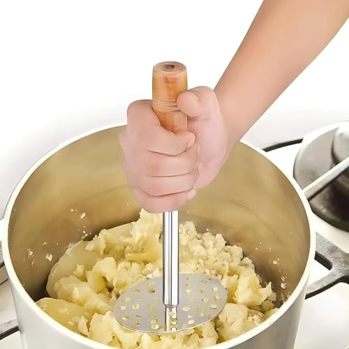 Horizonite Stainless Steel Potato Masher with Wooden Handle | Heavy Duty Pav Bhaji Masher Vegetable Crusher & Handheld Kitchen Tool for Smooth Mashing of Potatoes, Vegetables, Paratha & Dosa Filling - Image 4