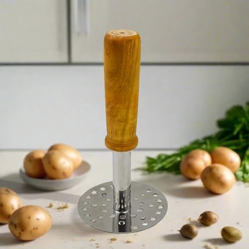Horizonite Stainless Steel Potato Masher with Wooden Handle | Heavy Duty Pav Bhaji Masher Vegetable Crusher & Handheld Kitchen Tool for Smooth Mashing of Potatoes, Vegetables, Paratha & Dosa Filling - Image 1