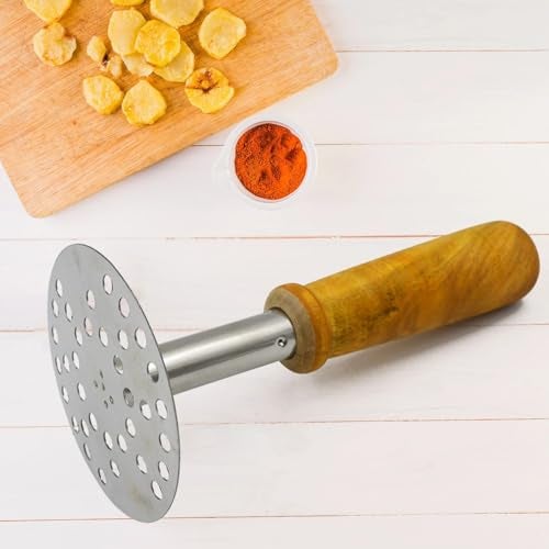 Horizonite Stainless Steel Potato Masher with Wooden Handle | Heavy Duty Pav Bhaji Masher Vegetable Crusher & Handheld Kitchen Tool for Smooth Mashing of Potatoes, Vegetables, Paratha & Dosa Filling - Image 2