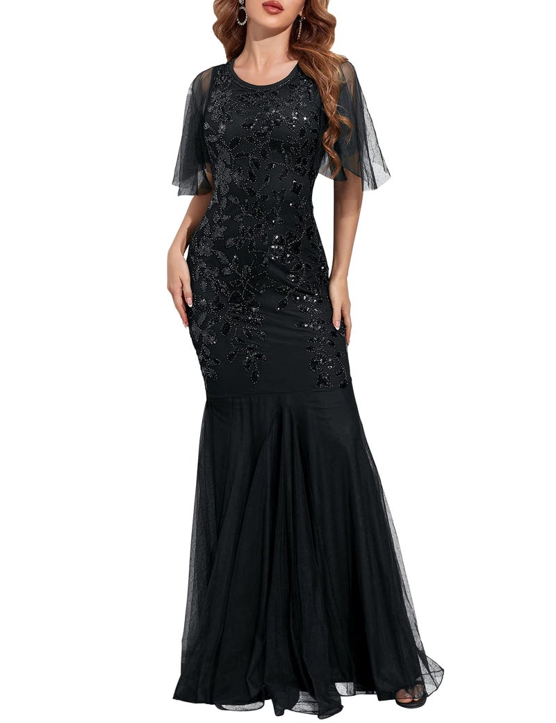 PrettyGuide Women's Evening Dress 1920s Sequin Deco Mermaid Hem Maxi Long Ball Gown Black S - Image 1