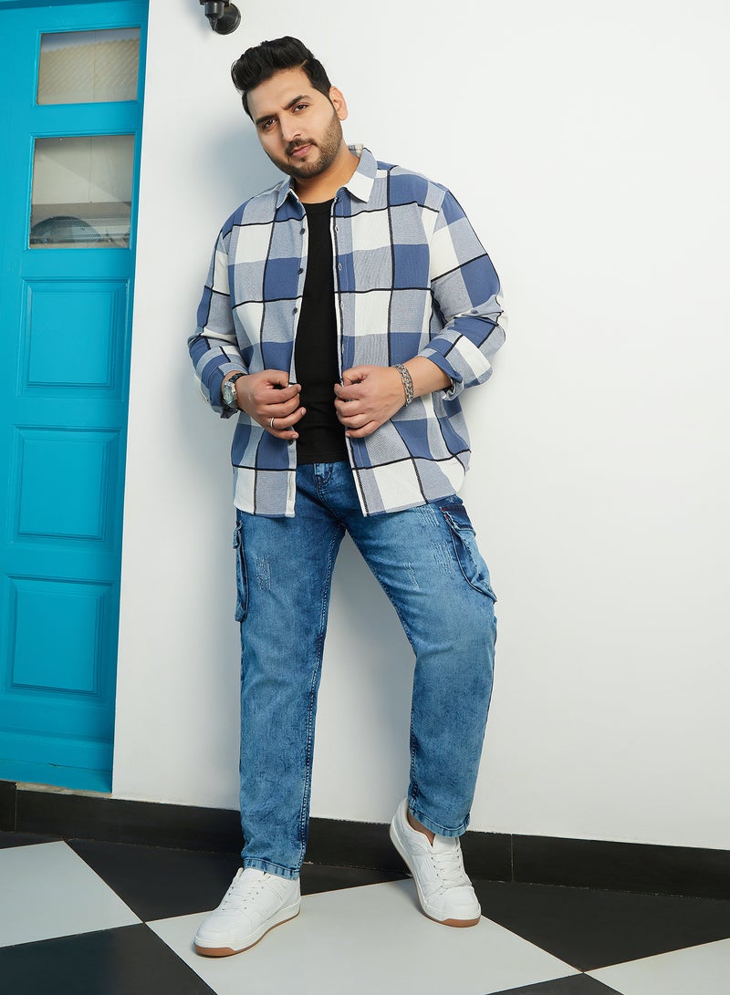 Instafab Plus Instafab Plus Men's Steel Blue Framed-Buffalo Regular Shirt For Casual Wear | Spread Collar | Long Cuffed Sleeves | Button Closure | Plus Size Shirt Crafted With Comfort Fit For Everyday Wear  - Image 5