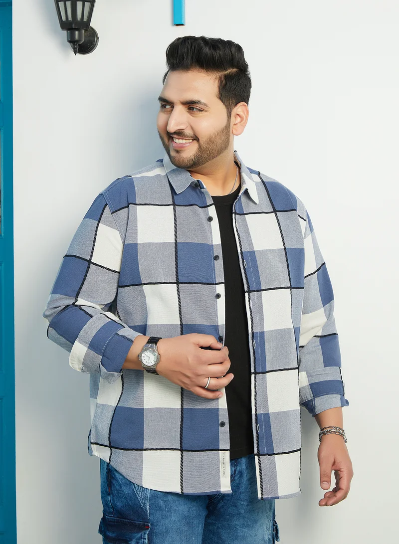 Instafab Plus Instafab Plus Men's Steel Blue Framed-Buffalo Regular Shirt For Casual Wear | Spread Collar | Long Cuffed Sleeves | Button Closure | Plus Size Shirt Crafted With Comfort Fit For Everyday Wear