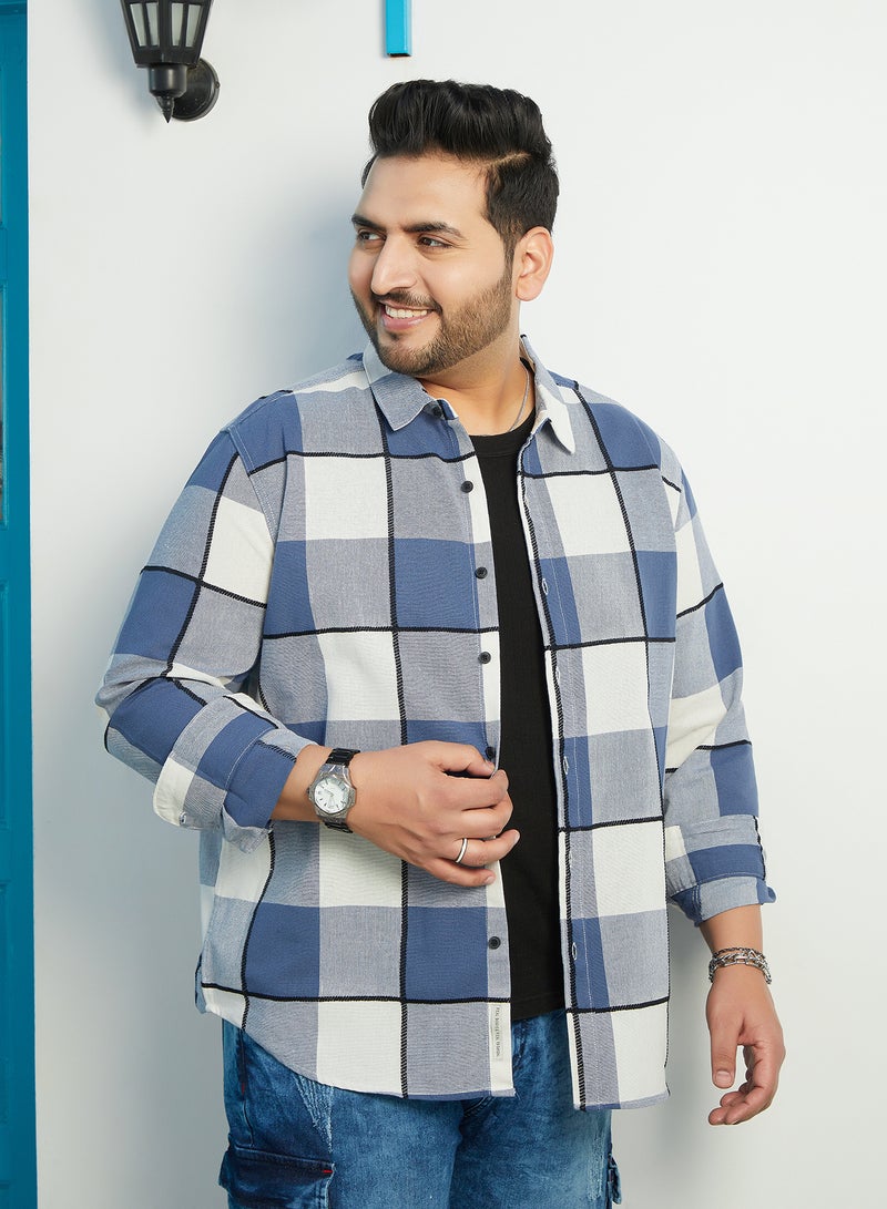 Instafab Plus Instafab Plus Men's Steel Blue Framed-Buffalo Regular Shirt For Casual Wear | Spread Collar | Long Cuffed Sleeves | Button Closure | Plus Size Shirt Crafted With Comfort Fit For Everyday Wear  - Image 3