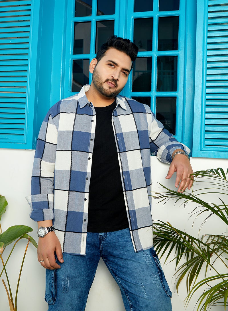 Instafab Plus Instafab Plus Men's Steel Blue Framed-Buffalo Regular Shirt For Casual Wear | Spread Collar | Long Cuffed Sleeves | Button Closure | Plus Size Shirt Crafted With Comfort Fit For Everyday Wear  - Image 1
