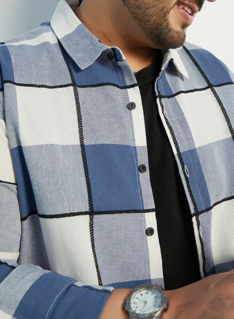 Instafab Plus Instafab Plus Men's Steel Blue Framed-Buffalo Regular Shirt For Casual Wear | Spread Collar | Long Cuffed Sleeves | Button Closure | Plus Size Shirt Crafted With Comfort Fit For Everyday Wear