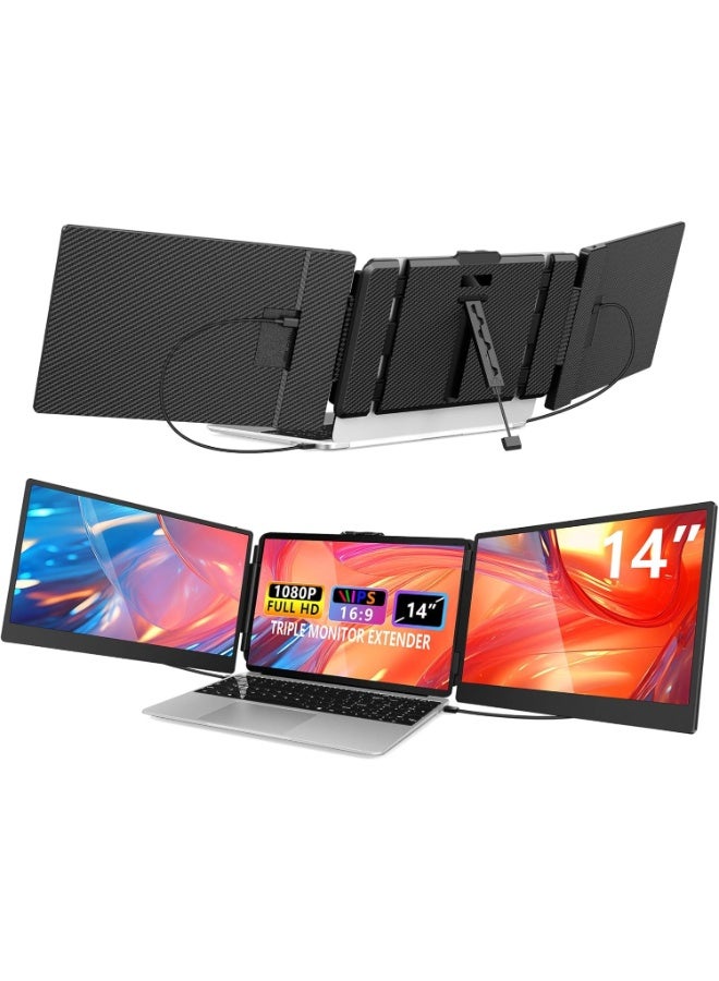14" Portable Laptop Monitor with Full HD IPS Display, Triple Screen Extender for 13–17" Laptops, Compatible with Windows, macOS, Chrome