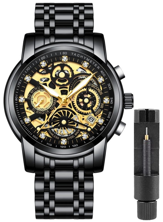 غوساسا ساعة جوساسا الفاخرة للرجال، بتصميم مجوف مرصعة بالألماس، كرونوغراف، ساعة أنيقة عالية الجودة للرجال، مصنوعة من الفولاذ المقاوم للصدأ، مزودة بتقويم، تعمل بإضاءة خلفية، كوارتز، مقاومة للماء، ساعة يد رجالية رسمية، لون أسود وذهبي، فاخرة - Image 1