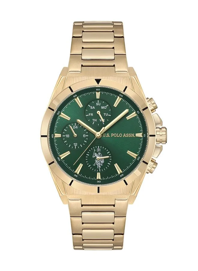 يو اس بولو اسن U.S. Polo Assn. Crossing Men's 42mm Watch with Green Dial, Gold Accents & Chronograph, Gold Stainless Steel Band, Bold & Rugged Design