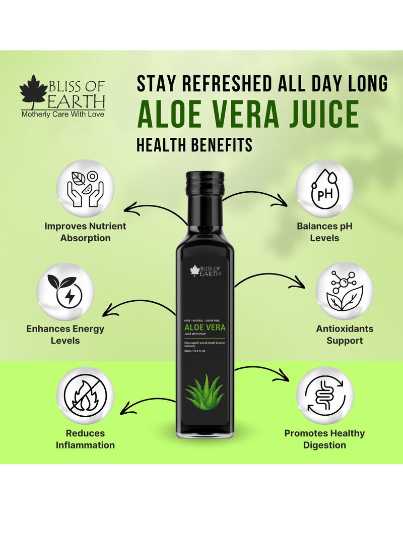 BLISS OF EARTH Aloe Vera Juice For Drinking With Pulp Made From Fresh Harvest Aloe Plants Great For Hair & Skin Improves Digestion Zero Water Zero Sugar 500ml PET Bottle  - Image 2