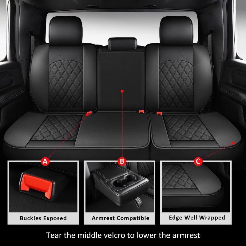 MIROZO Dodge Ram Seat Covers Full Set,5PCS Car Seat Cover Waterproof Fits for 2009-2025 Ram 1500 2500 3500 Crew Quad Regular Cab Pickup Cushions with Split Bench 40/60(Black,Full Set Flat Back) - Image 4