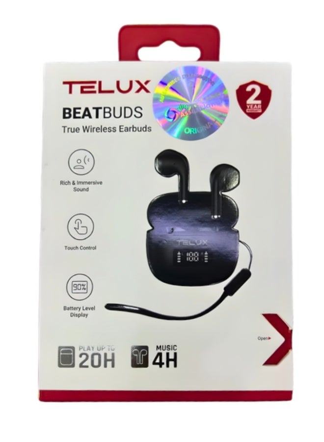 سماعات أذن لاسلكية حقيقية من BEATBUDS - صوت غني وغامر - تحكم باللمس وعرض مستوى البطارية - لون أسود