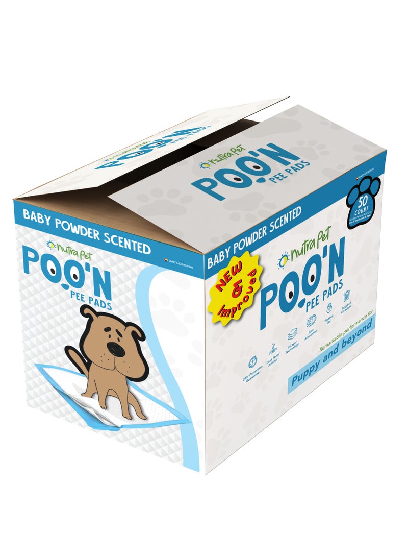 نوترابت فوط NutraPet Poop AND Pee Pads برائحة بودرة الأطفال - امتصاص سريع مع ملصقات أرضية (60 × 60 سم) - 50 فوطة للجراء