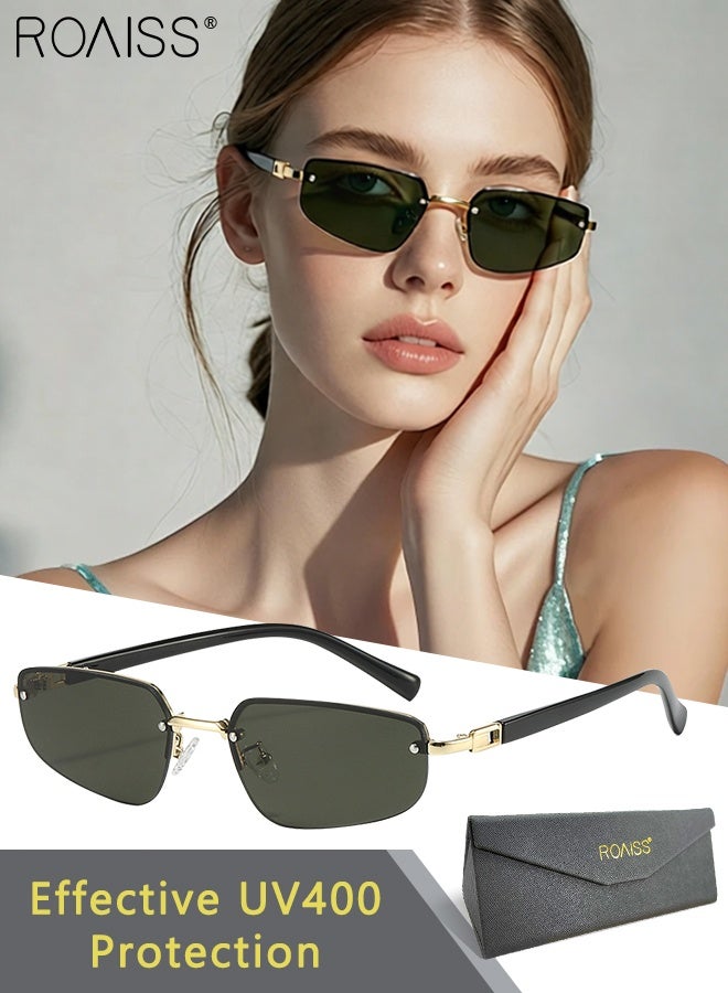 Fashion Rimless Sunglasses for Men Women UV400 Protection Lenses, Vintage Metal Frame, Anti-Glare Shades for Casual Wear, Driving, Traveling, Green