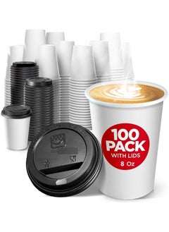 QUALITY Paper Cups 100 Pieces White, 8 Oz With Lid  - Image 1