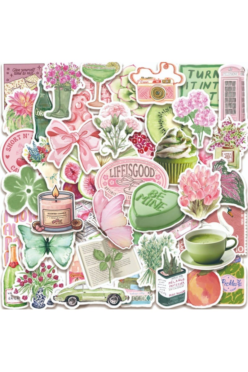 Pink 50Pcs Pink Green Matcha Vintage Stickers Aesthetic Cottagecore Decal Scrapbooking Notebook Lugg