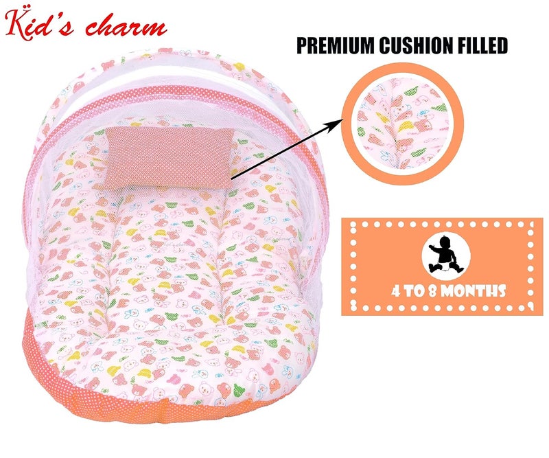 Kid's Charm Kids Charm MegaTeddy Premium Baby Net Bed with Thick Mattress Mosquito Net with Zip Closure Neck Pillow Baby Bedding for New Born Baby Sleeping Bed for 48 Months Babies OrangeWhite - Image 3
