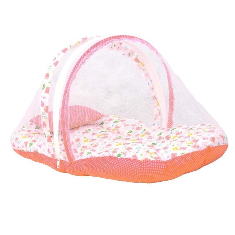 Kid's Charm Kids Charm MegaTeddy Premium Baby Net Bed with Thick Mattress Mosquito Net with Zip Closure Neck Pillow Baby Bedding for New Born Baby Sleeping Bed for 48 Months Babies OrangeWhite - Image 1