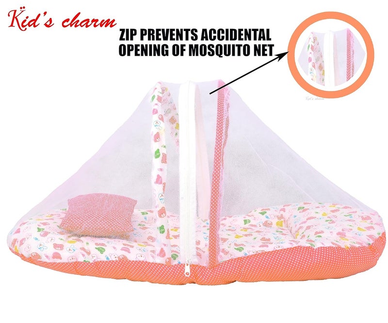 Kid's Charm Kids Charm MegaTeddy Premium Baby Net Bed with Thick Mattress Mosquito Net with Zip Closure Neck Pillow Baby Bedding for New Born Baby Sleeping Bed for 48 Months Babies OrangeWhite - Image 2