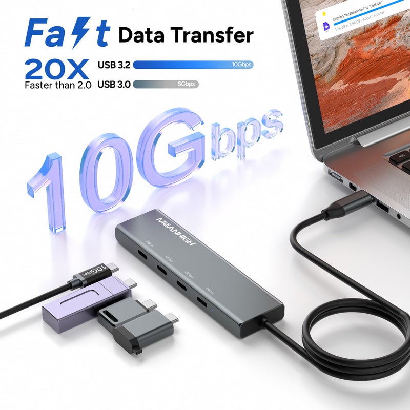 MEANHIGH USB C Hub 10Gbps, 4 Ports USB 3.2 Adapter with 4 USB-C 3.2 Ports, 100W Power Delivery, High Speed Multiport Splitter Compatible with MacBook Pro/Air, iMac, iPad Pro, iPhone16 - Image 2