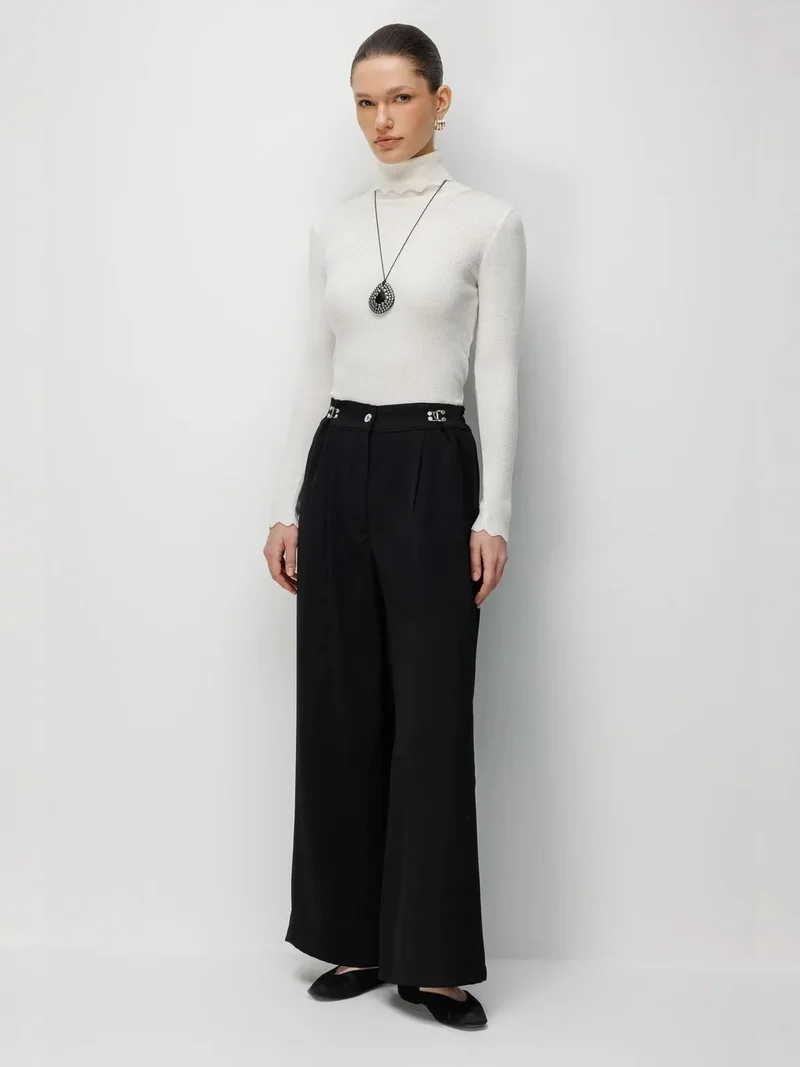 ميكسراي MIXRAY High Waist Wide Leg Pants with Accessory Detail