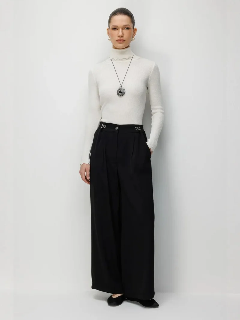 ميكسراي MIXRAY High Waist Wide Leg Pants with Accessory Detail