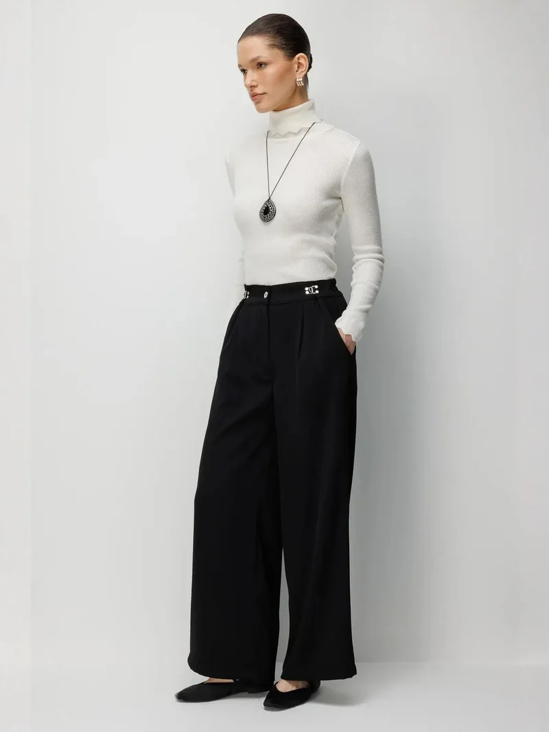 Mixray Black MIXRAY High Waist Wide Leg Pants with Accessory Detail for Women | Best Price UAE