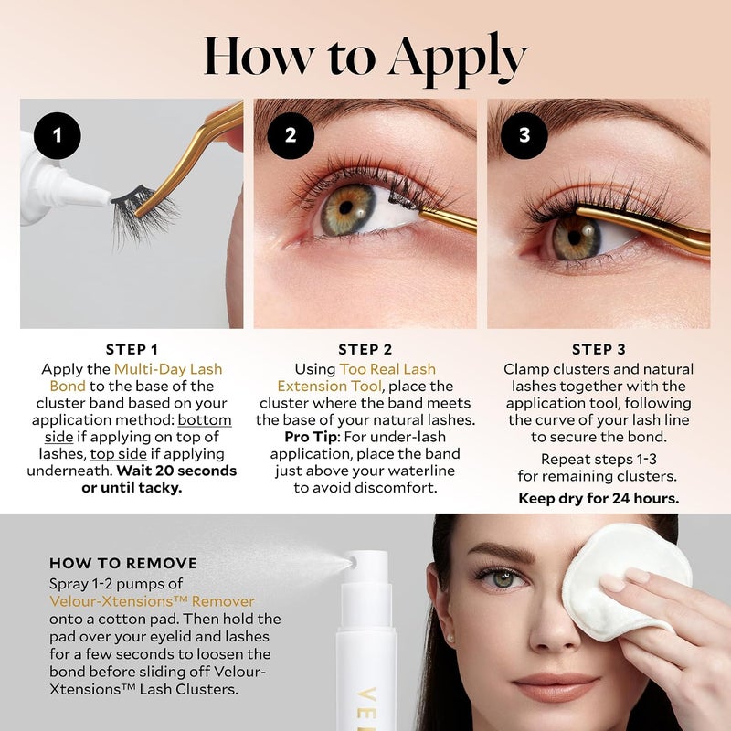 Velour -Xtensions™ Kit, DIY Lash Extension Kit with Lash Clusters, Eyelash Extension Kit at Home, Reusable Lash Extension Clusters, Cluster Lashes Short Medium Long, Lash Bond and Tool Included - Image 5