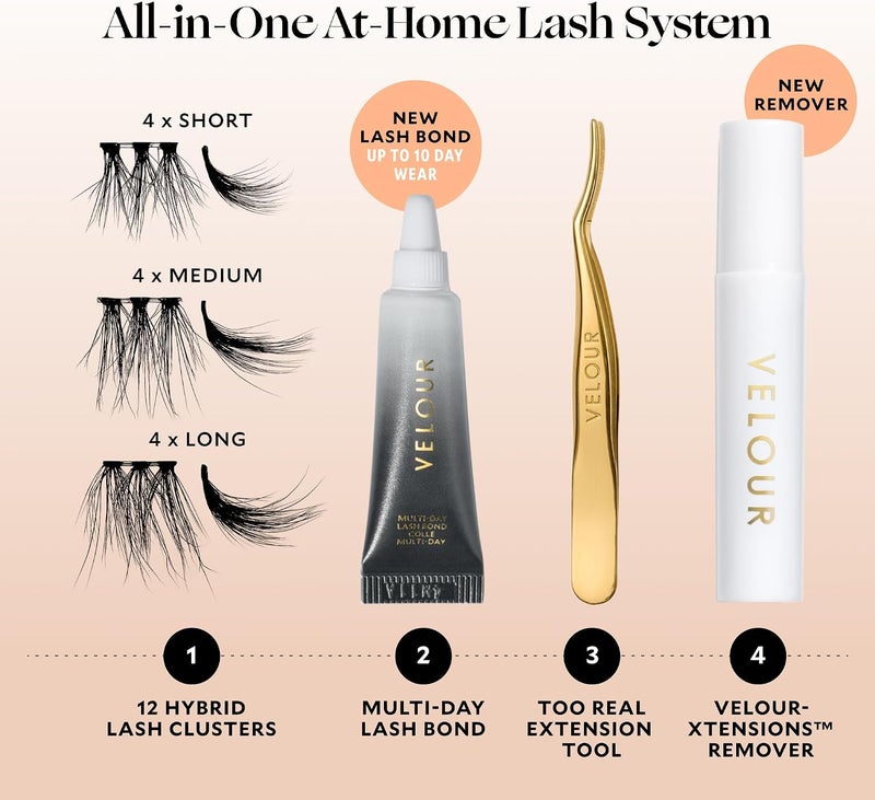 Velour -Xtensions™ Kit, DIY Lash Extension Kit with Lash Clusters, Eyelash Extension Kit at Home, Reusable Lash Extension Clusters, Cluster Lashes Short Medium Long, Lash Bond and Tool Included - Image 2