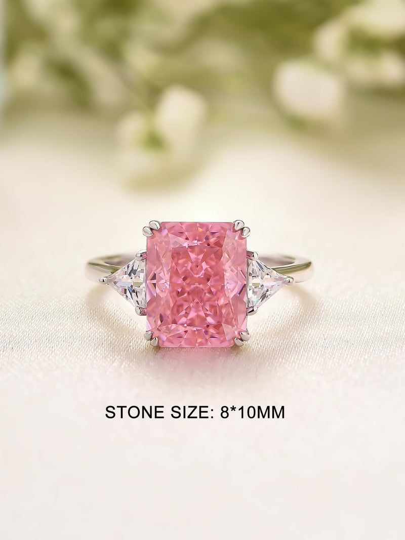 RODIFFY 4.0CT Radiant Cut Yellow,Pink,Clear Engagement Ring,3-Stone Colored Gemstones S925 Promise Ring (Pink Stone, 7.5) - Image 2