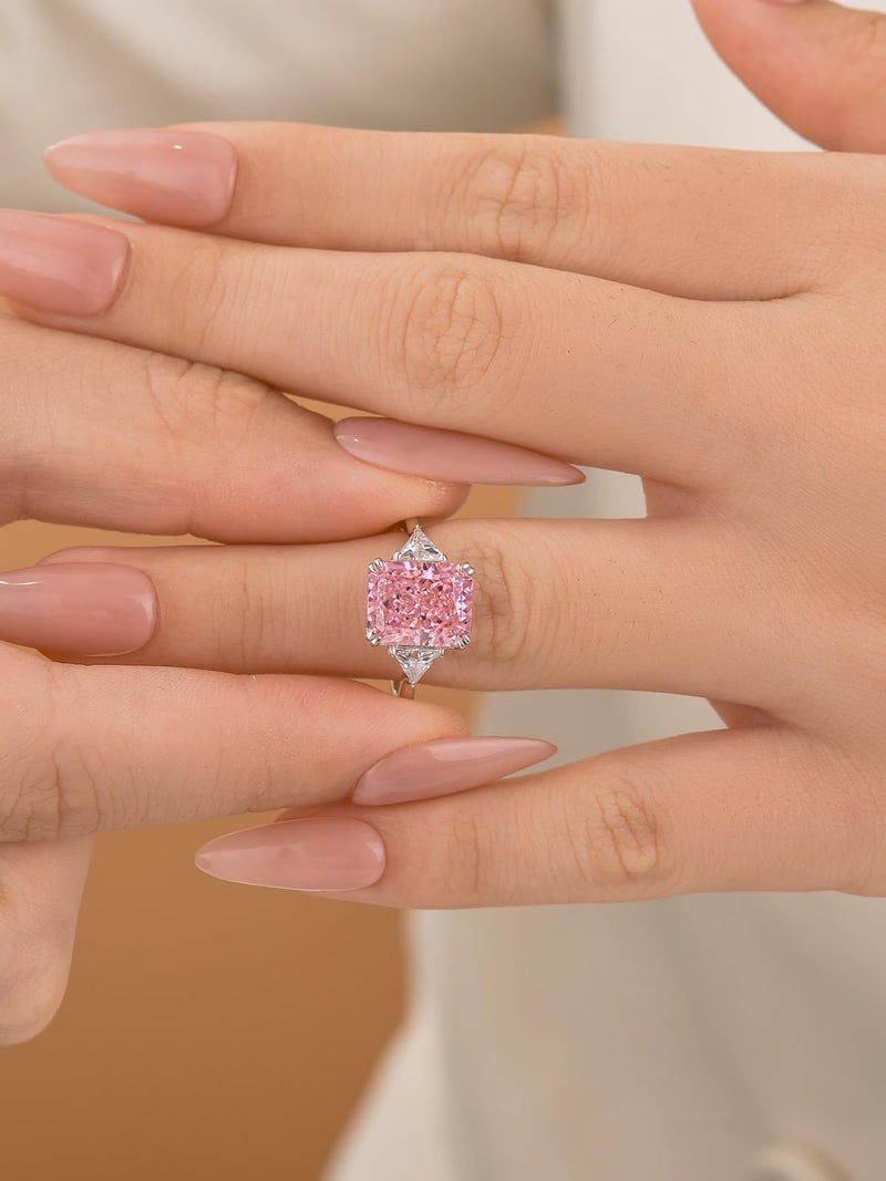 RODIFFY 4.0CT Radiant Cut Yellow,Pink,Clear Engagement Ring,3-Stone Colored Gemstones S925 Promise Ring (Pink Stone, 7.5) - Image 5