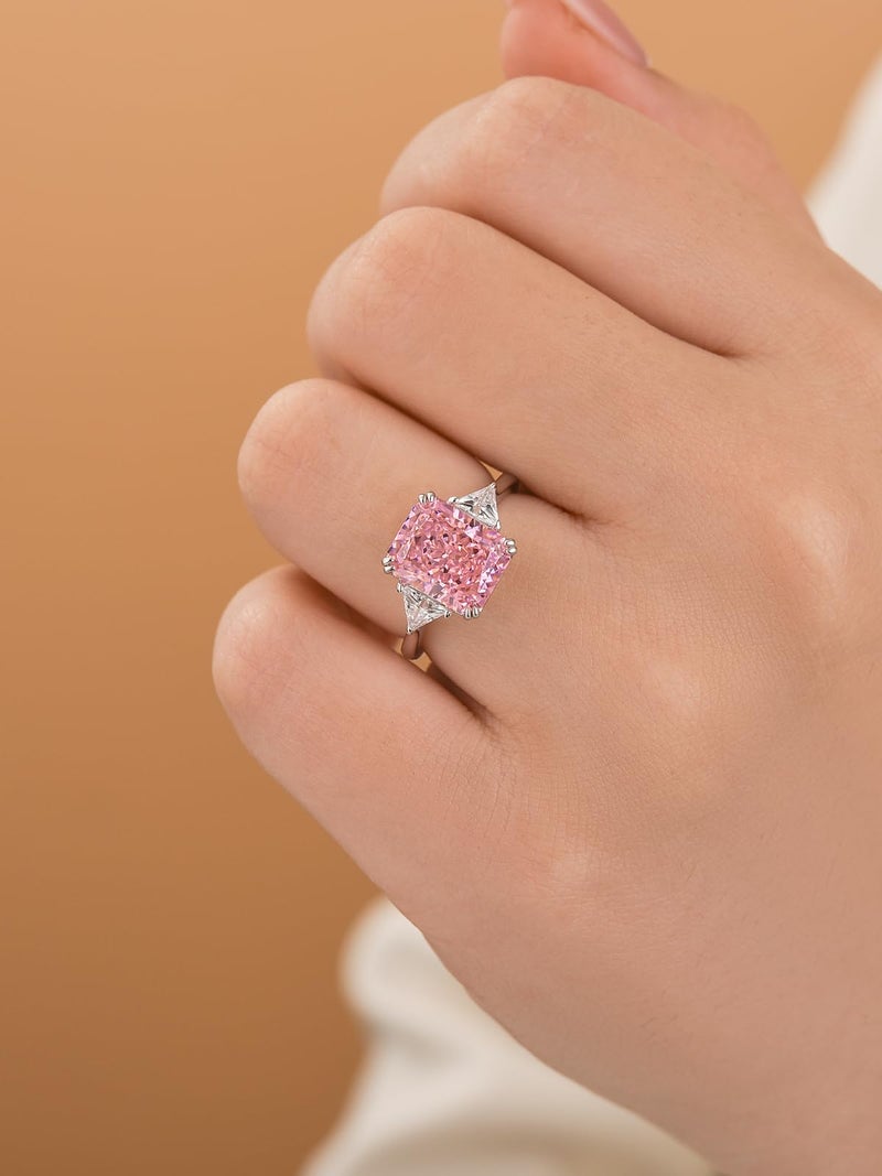 RODIFFY 4.0CT Radiant Cut Yellow,Pink,Clear Engagement Ring,3-Stone Colored Gemstones S925 Promise Ring (Pink Stone, 7.5) - Image 4