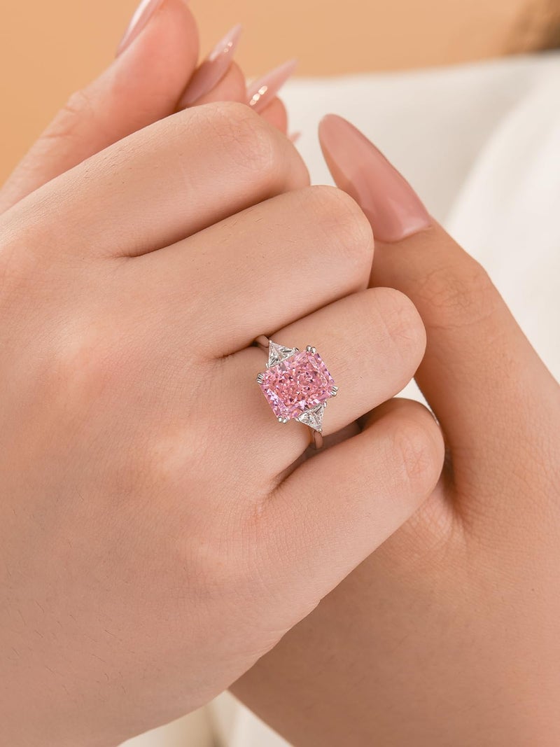 RODIFFY 4.0CT Radiant Cut Yellow,Pink,Clear Engagement Ring,3-Stone Colored Gemstones S925 Promise Ring (Pink Stone, 7.5) - Image 3