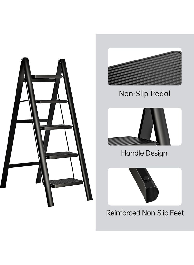 NAMA A 5-step folding ladder equipped with a sturdy wide non-slip pedal and a hand grip, a portable versatile metal ladder for home and kitchen, supporting a weight of up to 270 kg - Image 1