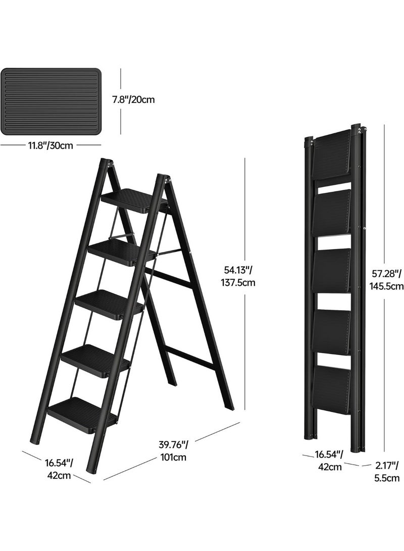 NAMA A 5-step folding ladder equipped with a sturdy wide non-slip pedal and a hand grip, a portable versatile metal ladder for home and kitchen, supporting a weight of up to 270 kg - Image 2